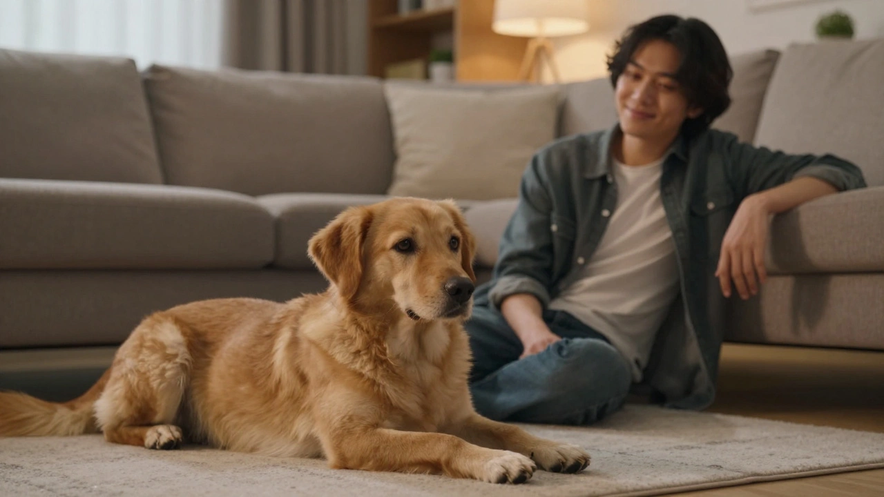 Собака и хозяин в гостиной, демонстрирующие доверие и соблюдение личных границ
