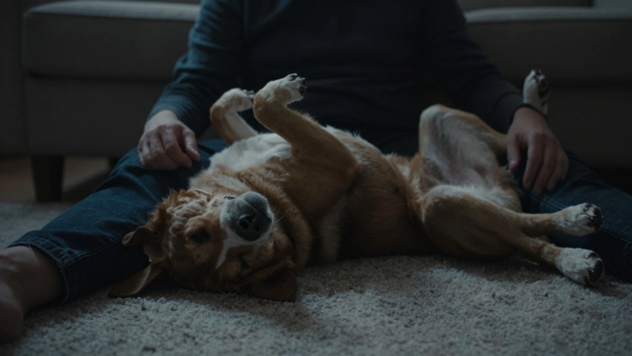 Собака лежит на спине и доверчиво положила голову на колени хозяину