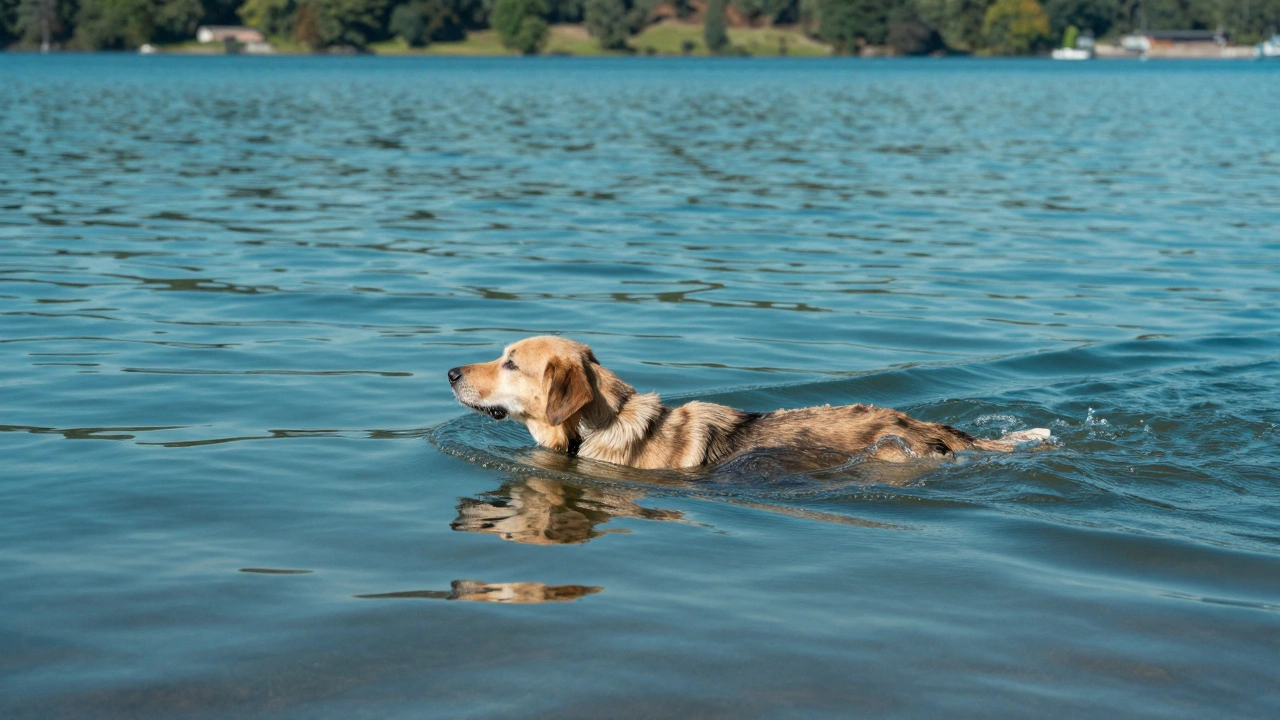 Собака спокойно плывет в прозрачной голубой воде озера