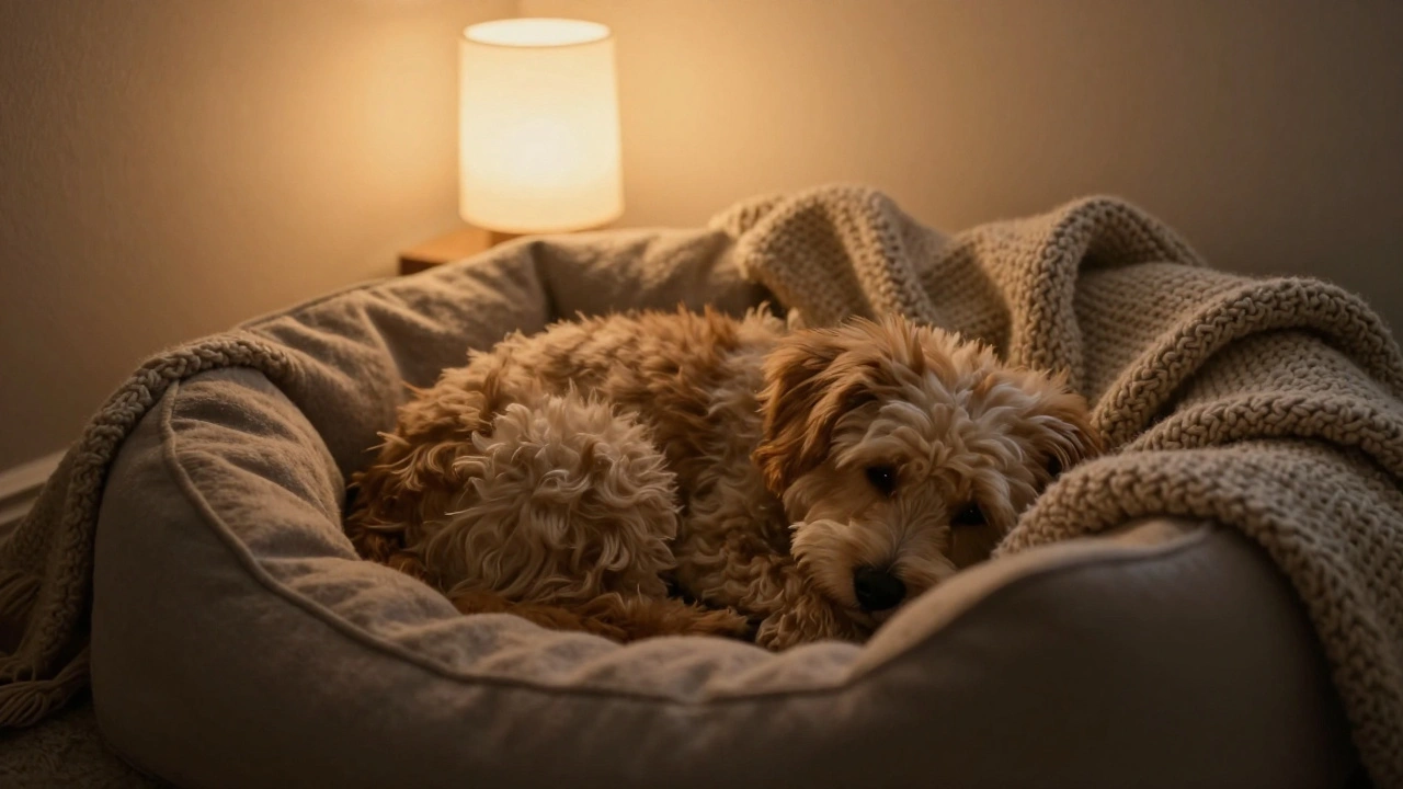 Собака спокойно спит в уютной лежанке под пледом