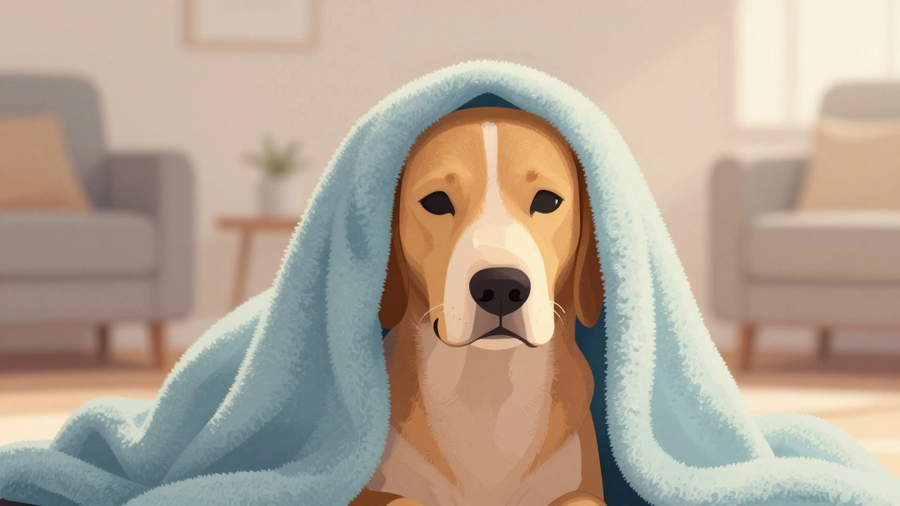 Собака, укутанная в теплое мягкое одеяло для согрева после наркоза