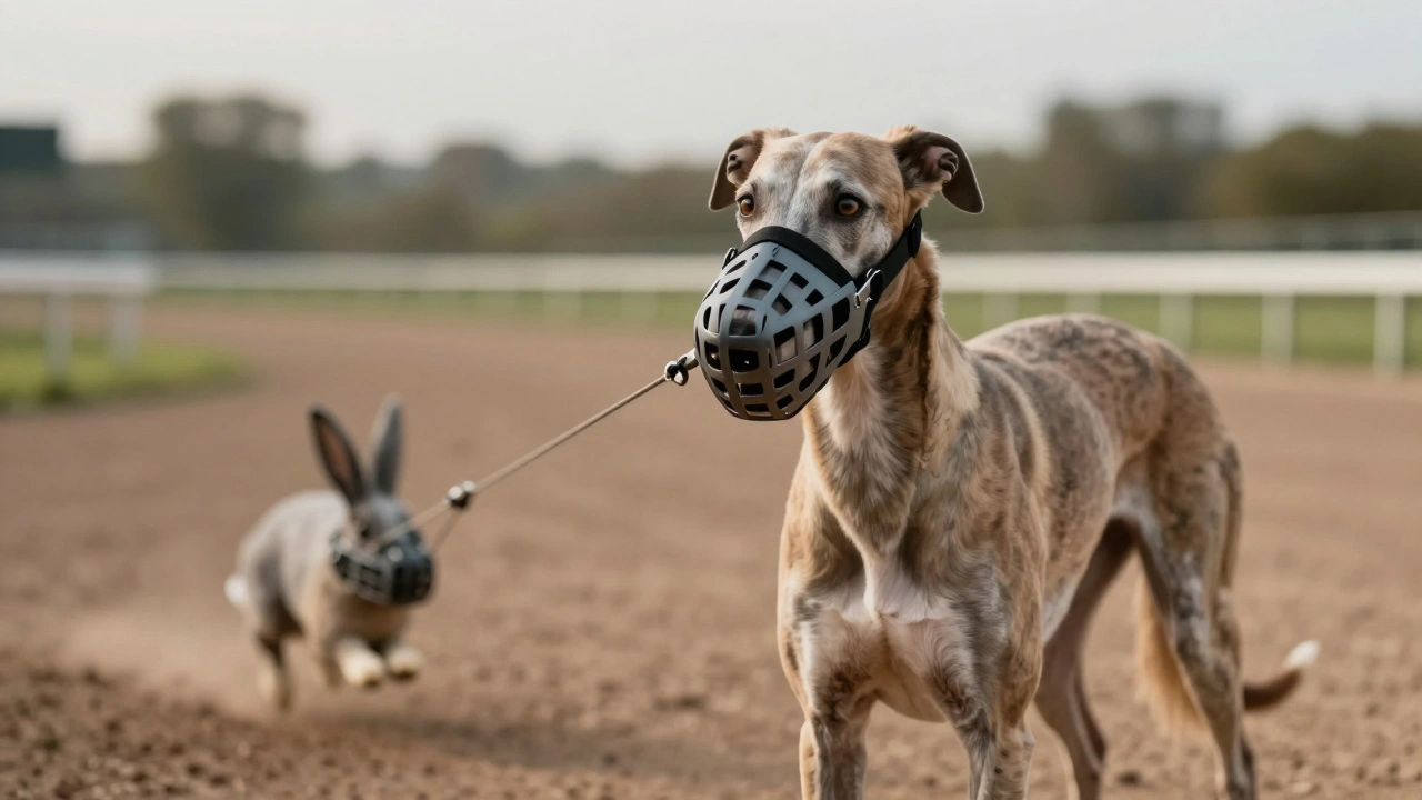 Собака в наморднике готовиться к старту на трассе