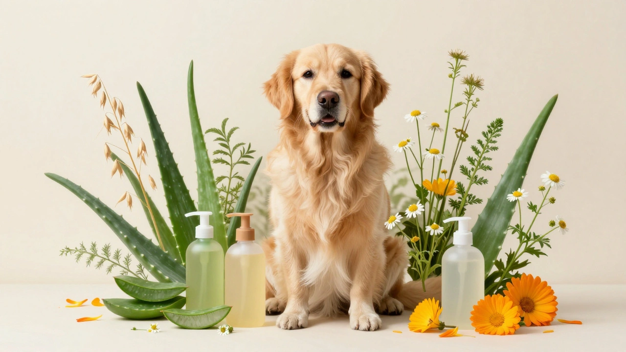 Собака в окружении натуральных ингредиентов: овсянки, алоэ и ромашки