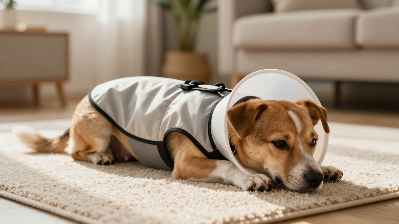 Собака в послеоперационной попоне отдыхает в уютной домашней обстановке