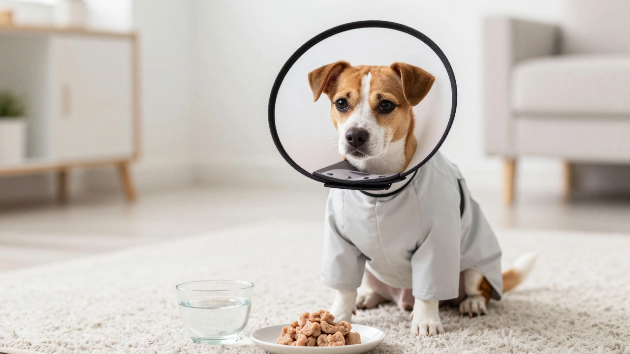 Собака в послеоперационной попоне рядом с миской воды и размоченного корма