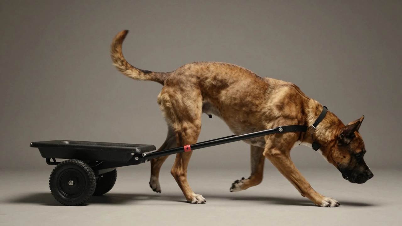Собака в правильной технике тяги с опущенной головой тянет специальную тележку