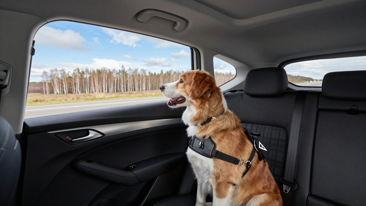 Собака в специальном ремне безопасности в автомобиле во время поездки