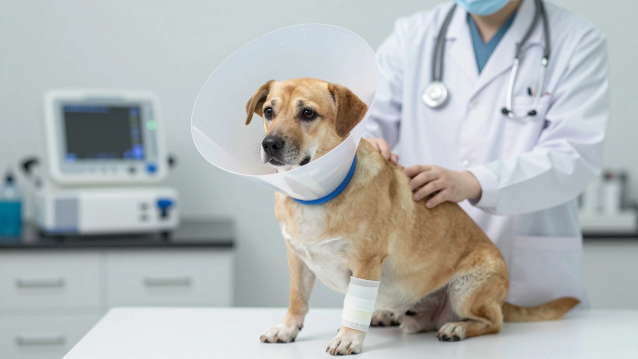 Собака в защитном воротнике и с повязкой в ветеринарной клинике