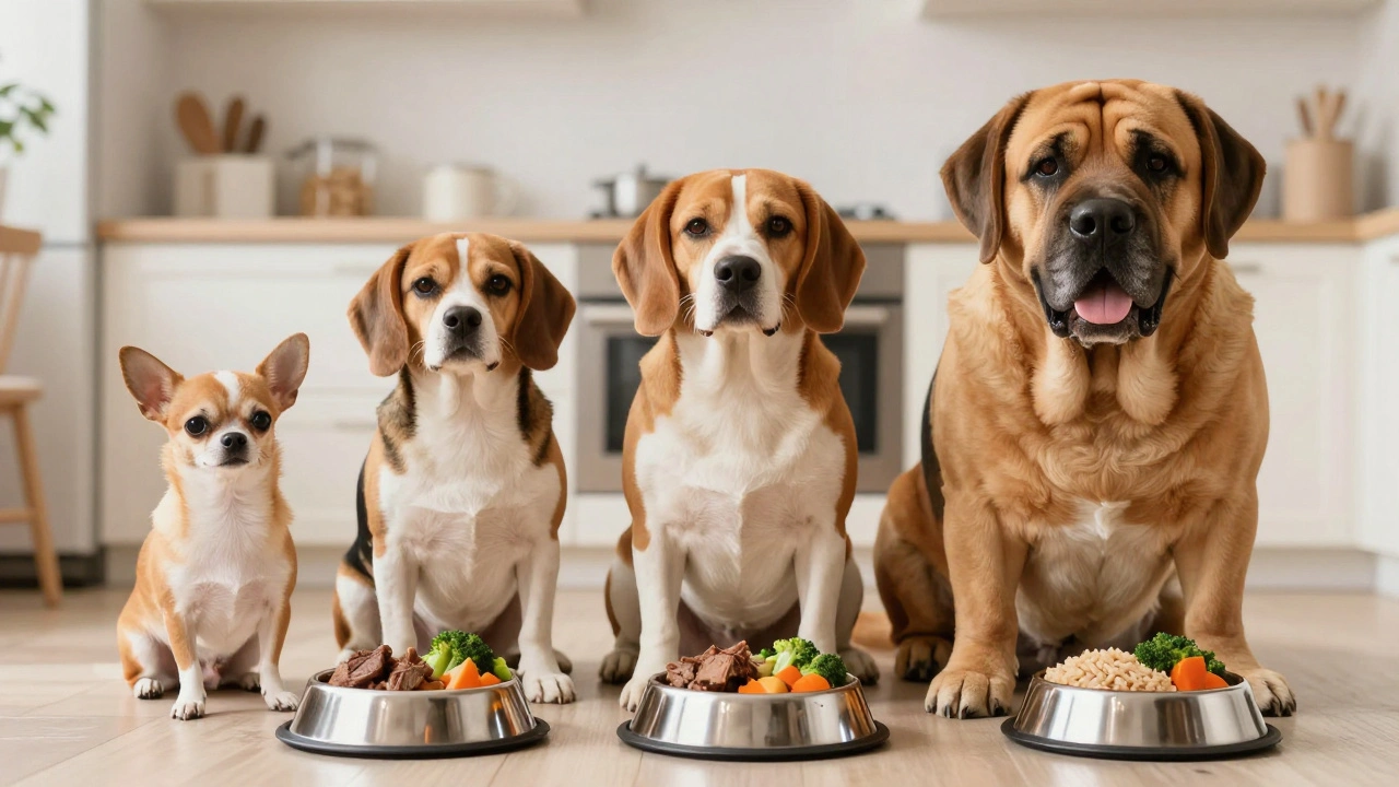Собаки разных пород с мисками еды, соответствующими их размеру