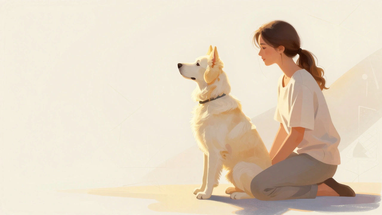 Спокойная собака-девочка сидит рядом с владельцем при обучении