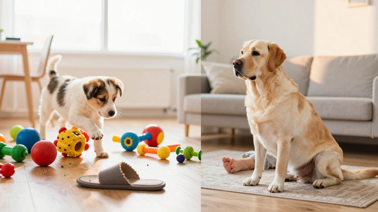 Сравнение энергичного щенка с игрушками и спокойной взрослой собаки в доме