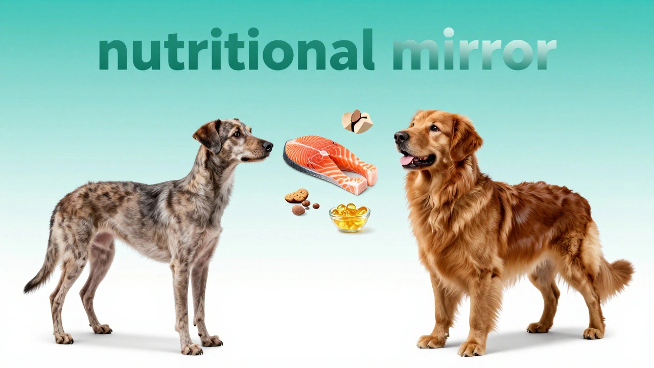 Сравнение тусклой и здоровой шерсти собаки с продуктами питания