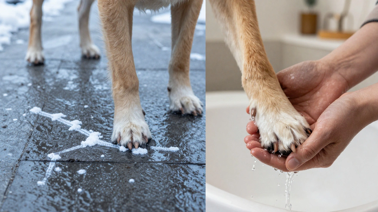 Сравнение воздействия дорожных реагентов на лапы собаки и их очистки
