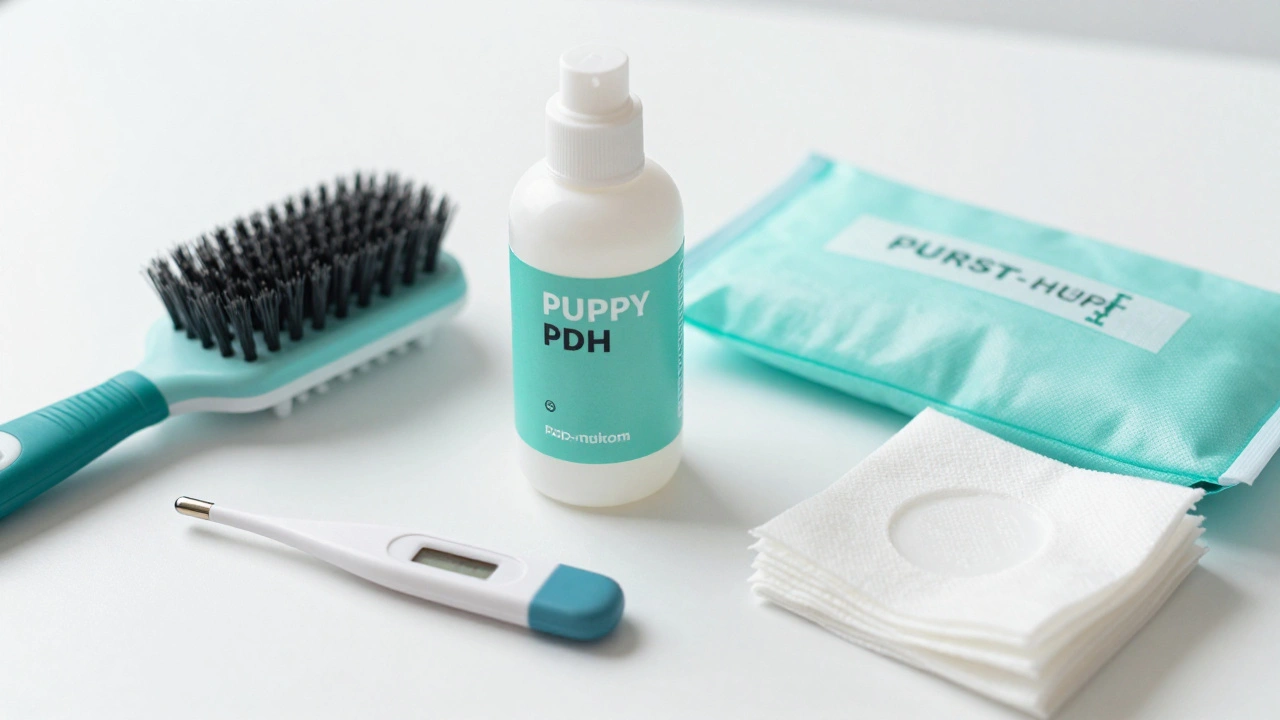 Средства гигиены и аптечка для щенка: щетка, шампунь и медицинские принадлежности