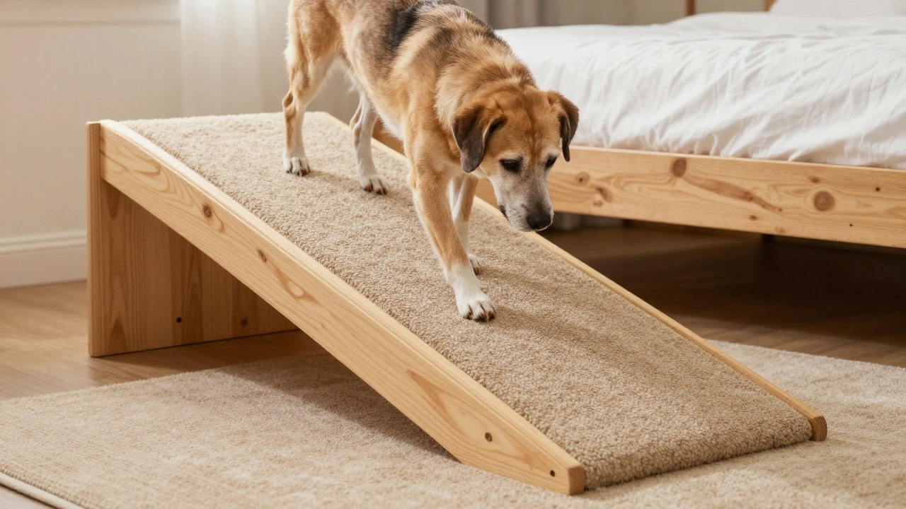 Старшая собака спокойно поднимается по специальному ковровому пандусу к кровати
