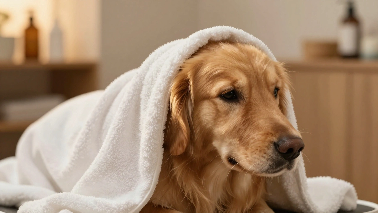 Ухоженная длинношерстная собака в белом полотенце с блестящей шерстью