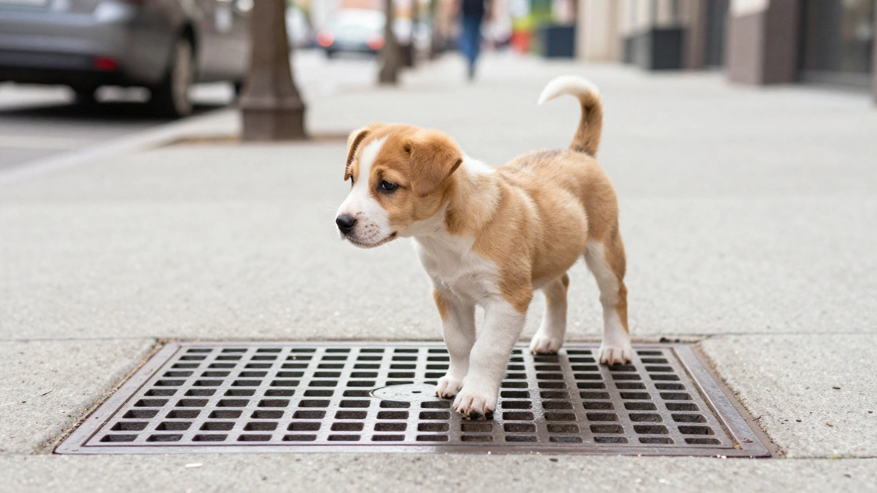 Уверенный щенок исследует разные поверхности на городской улице