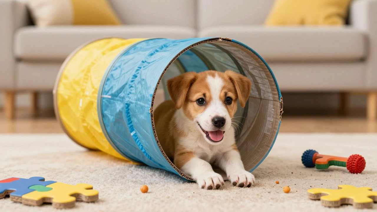 Веселый щенок выходит из картонного туннеля во время игры