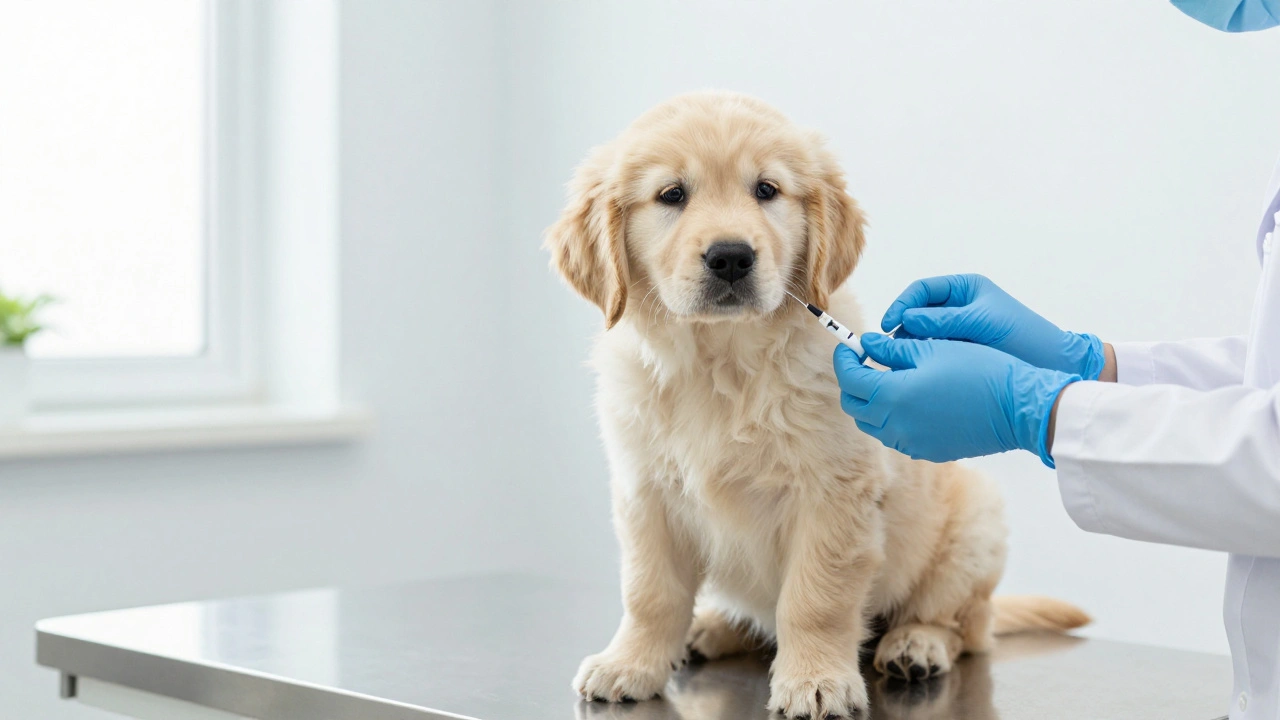 Ветеринар делает прививку щенку золотистого ретривера