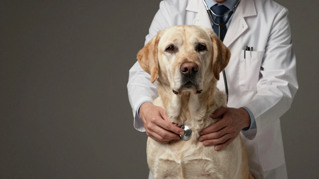 Ветеринар осматривает пожилого лабрадора с помощью стетоскопа в клинике