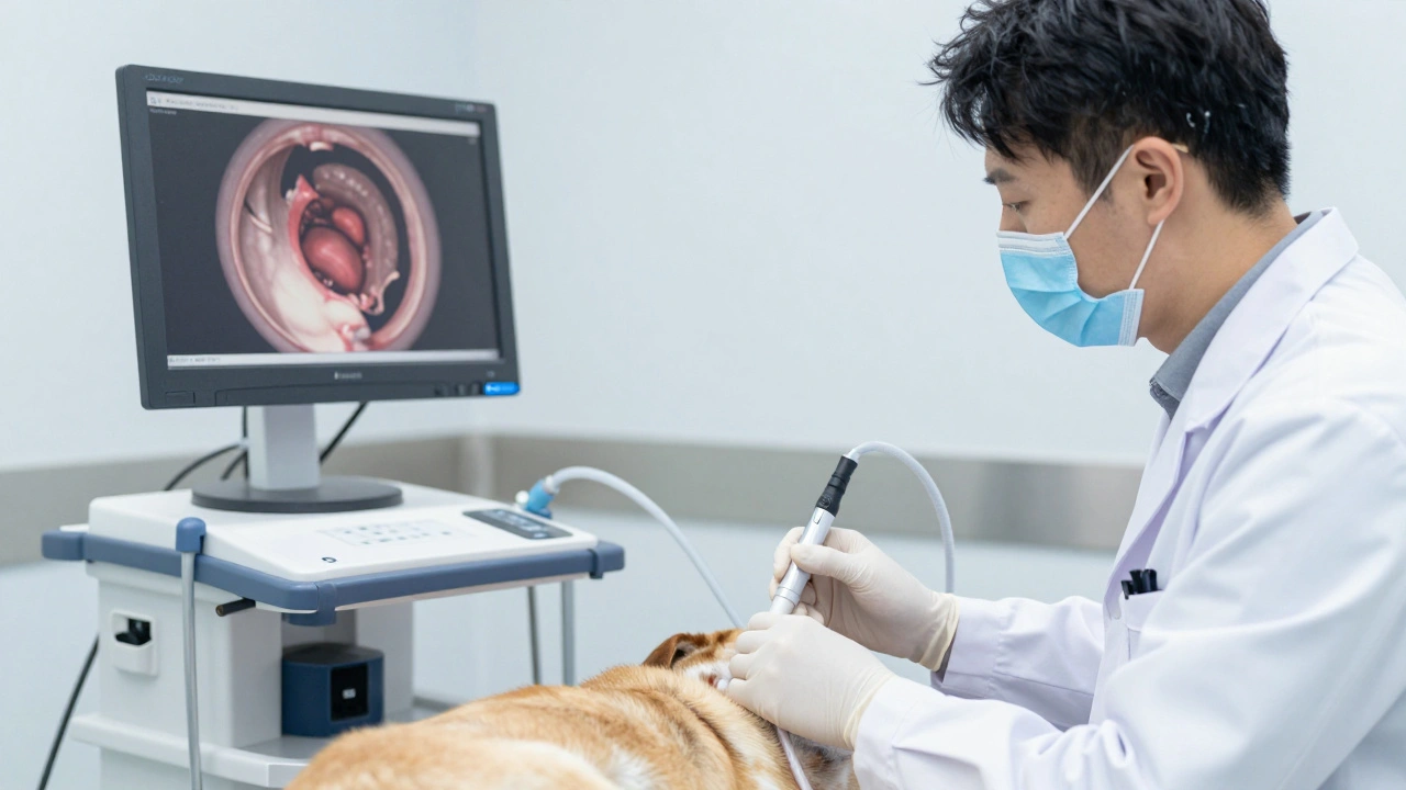 Ветеринар проводит эндоскопию собаки в современной клинике