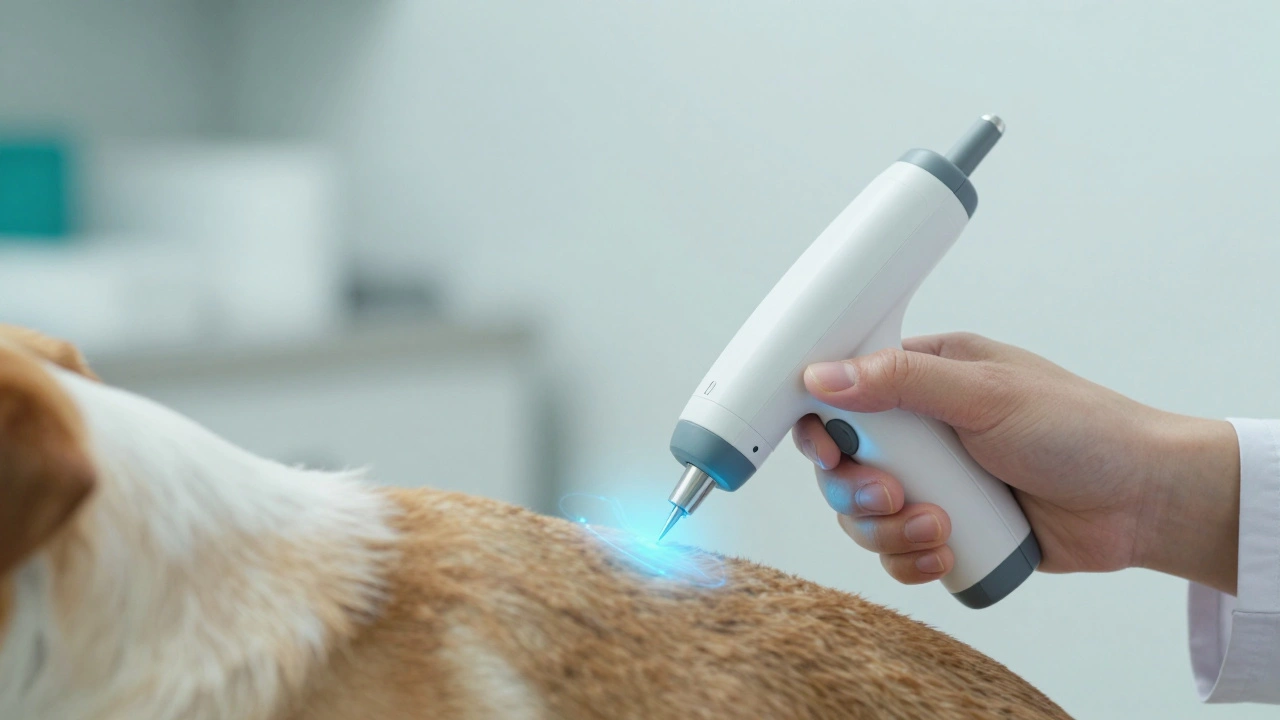 Ветеринар сканирует микрочип собаки в клинике