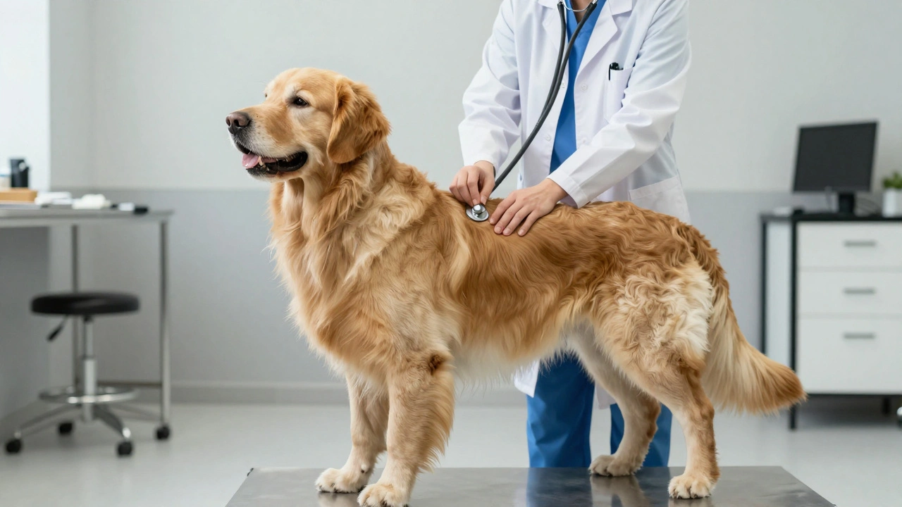Ветеринар слушает сердце взрослого золотистого ретривера стетоскопом