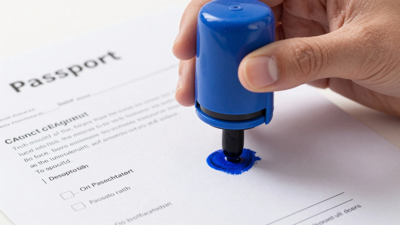 Ветеринар ставит синюю печать в медицинский паспорт собаки