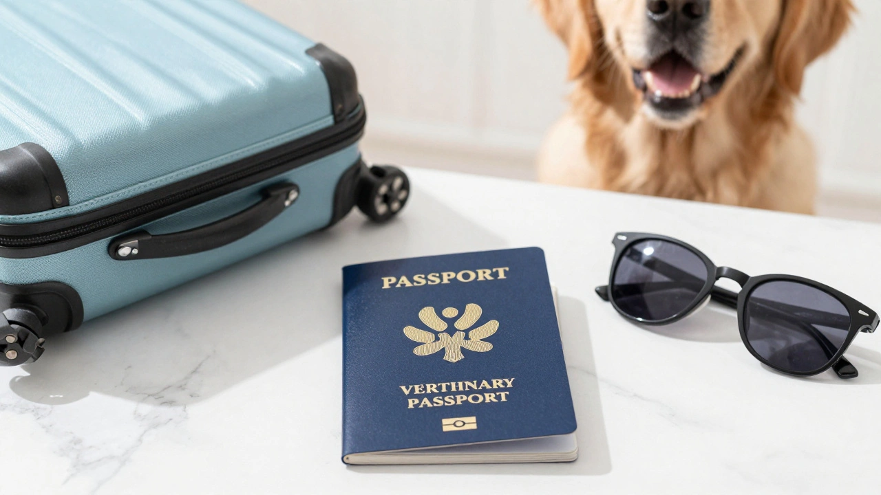 Ветеринарный паспорт собаки рядом с чемоданом для путешествий