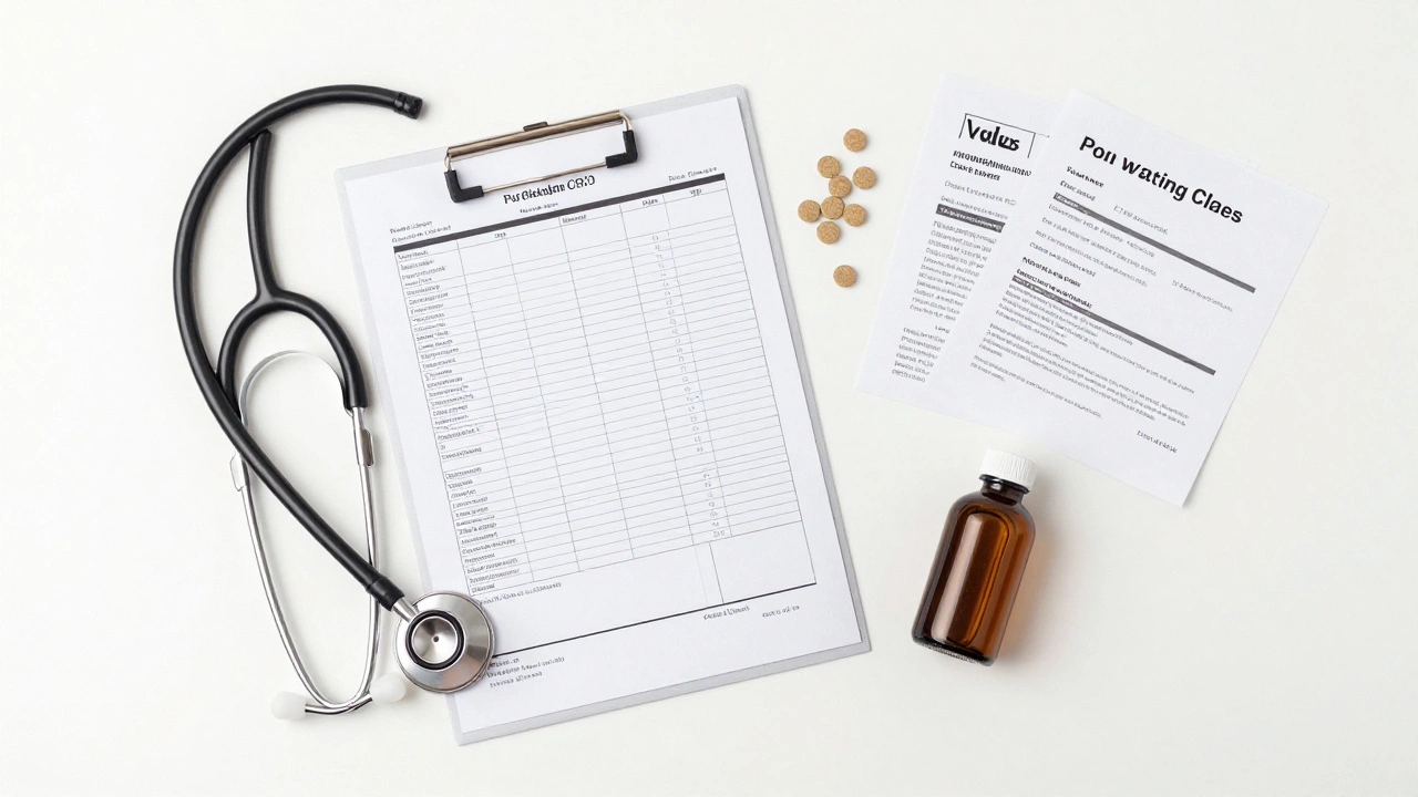 Ветеринарный стол с результатами анализов и витаминами в разных формах