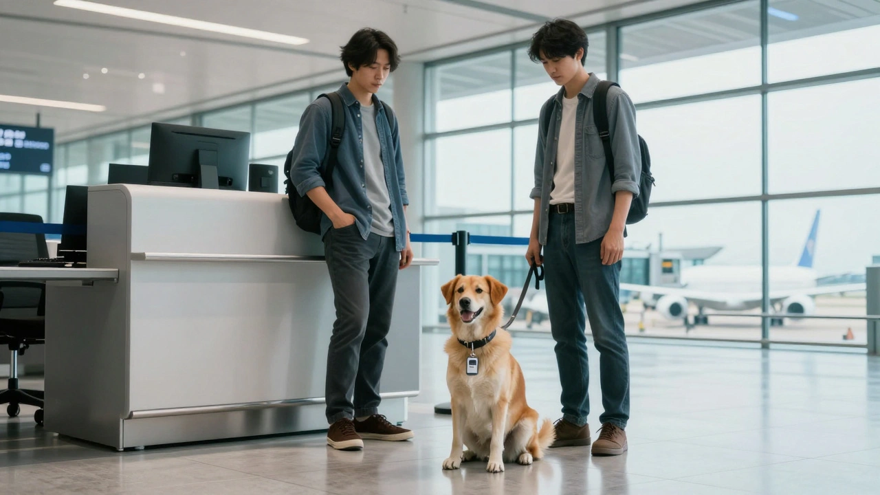 Владелец с собакой в терминале аэропорта перед вылетом