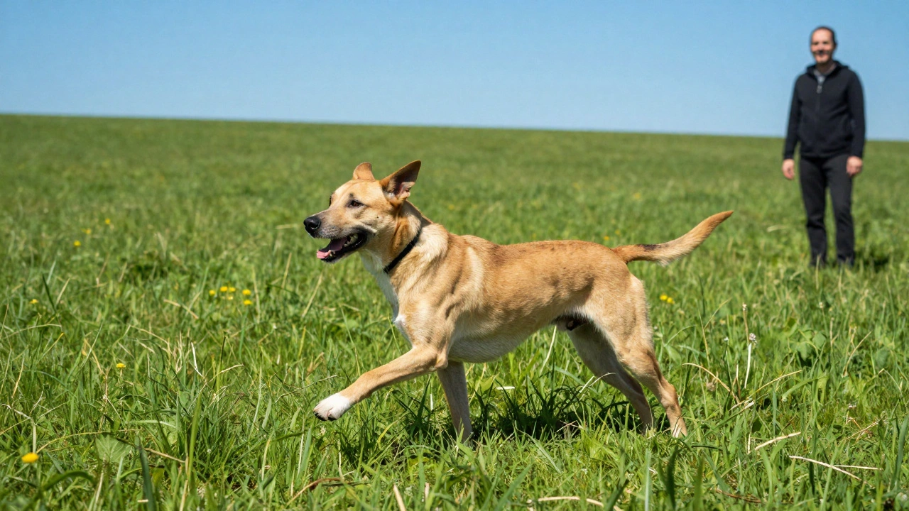 Здоровая и активная собака с правильным телосложением бежит по зеленому лугу
