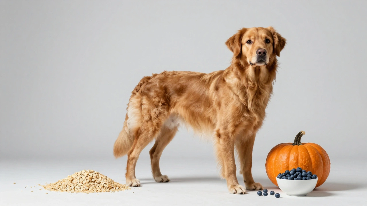 Здоровая собака рядом с полезными ингредиентами: овсянкой и тыквой