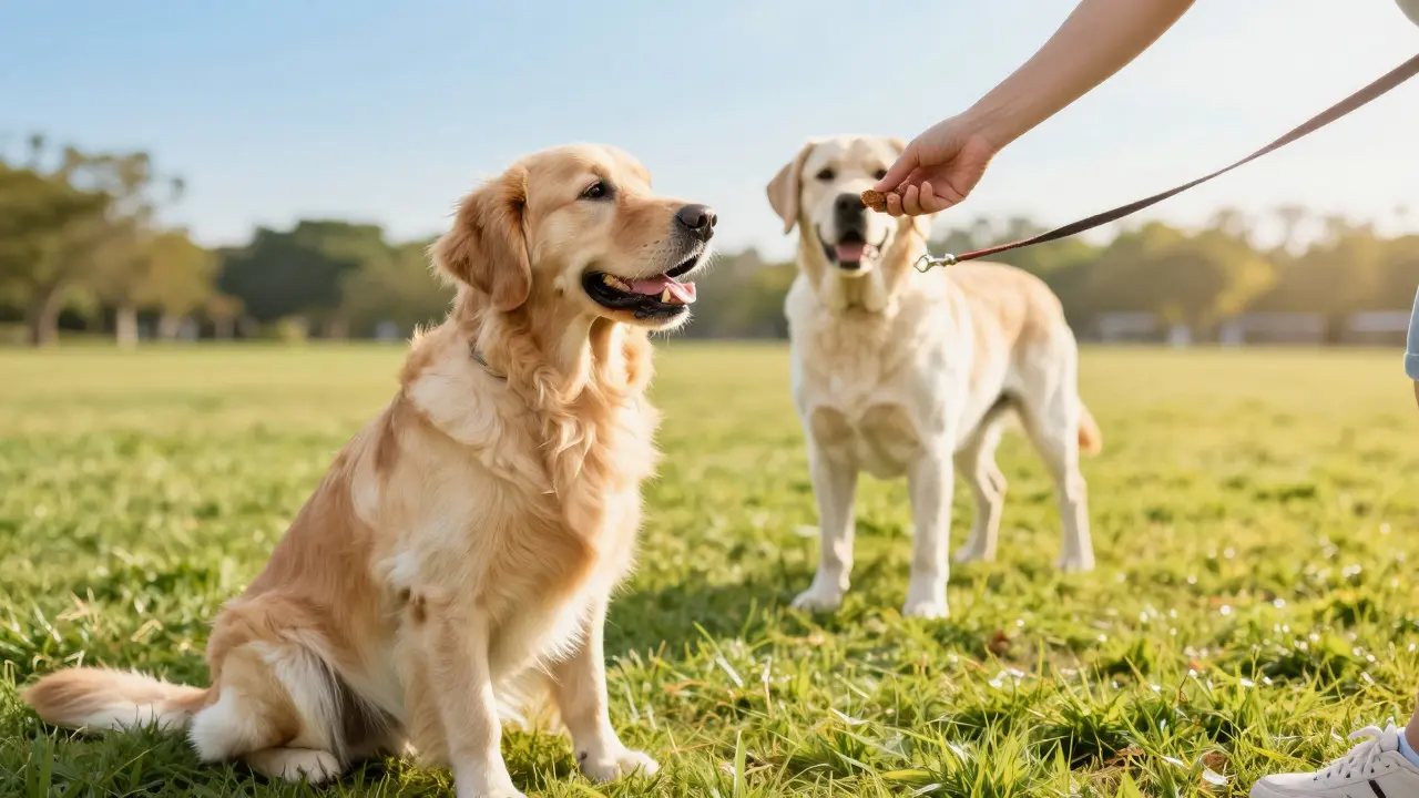 A dog looking at a handler's hand with treats while another dog waits in the background
