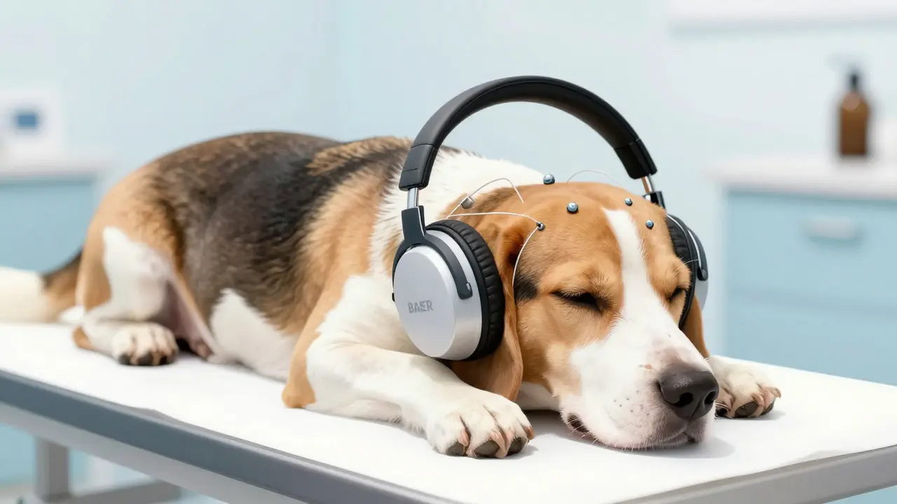 Beagle undergoing auditory testing with electrodes and headphones