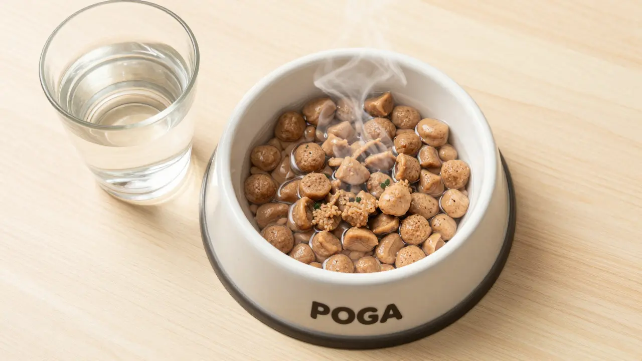 Bowl of prepared therapeutic dog food and fresh water