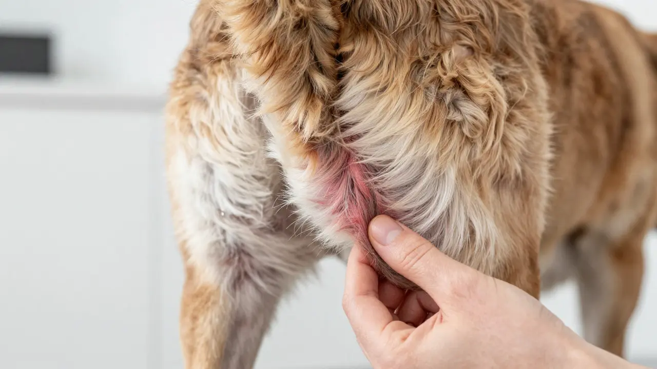 Close-up of a dog's irritated tail with thinning fur being inspected by a hand