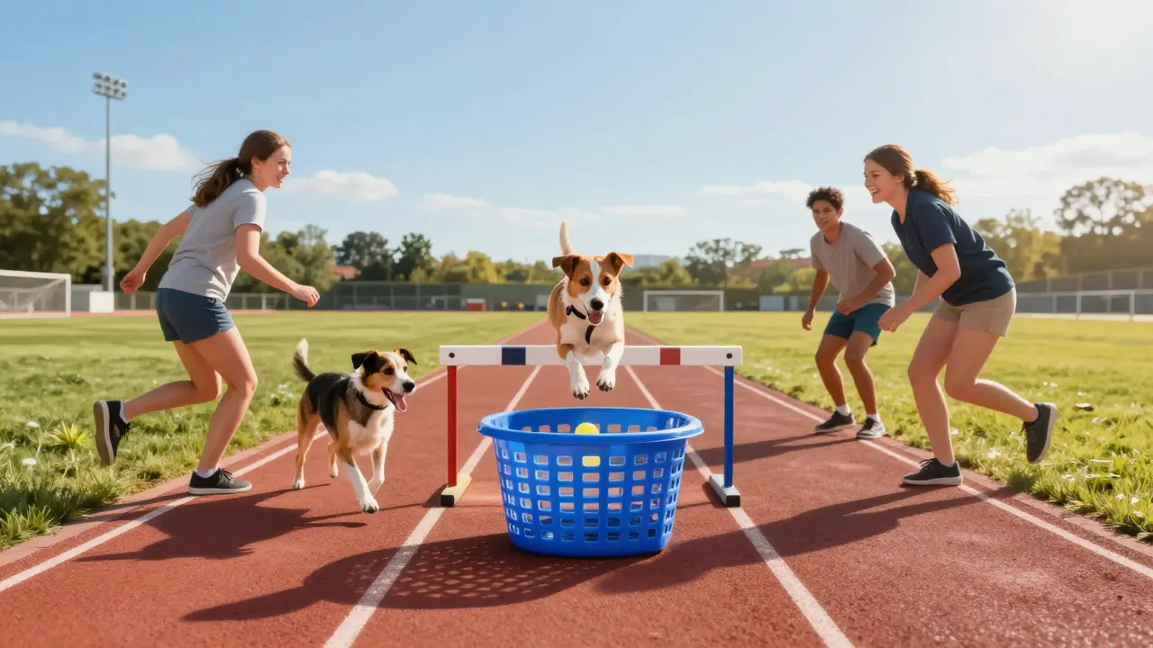 Dogs jumping hurdles and running towards a basket in a flyball competition