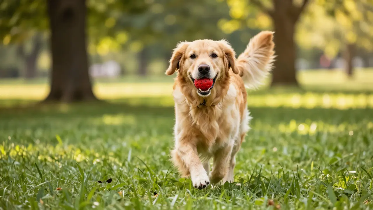 Golden retriever running happily in a park holding a red ball
