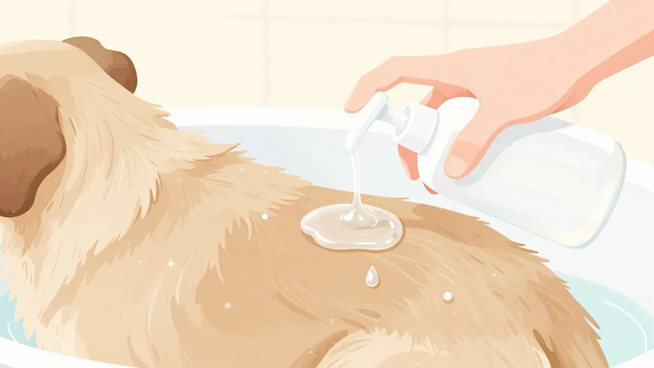 Hand applying shampoo to a dog's back during a bath