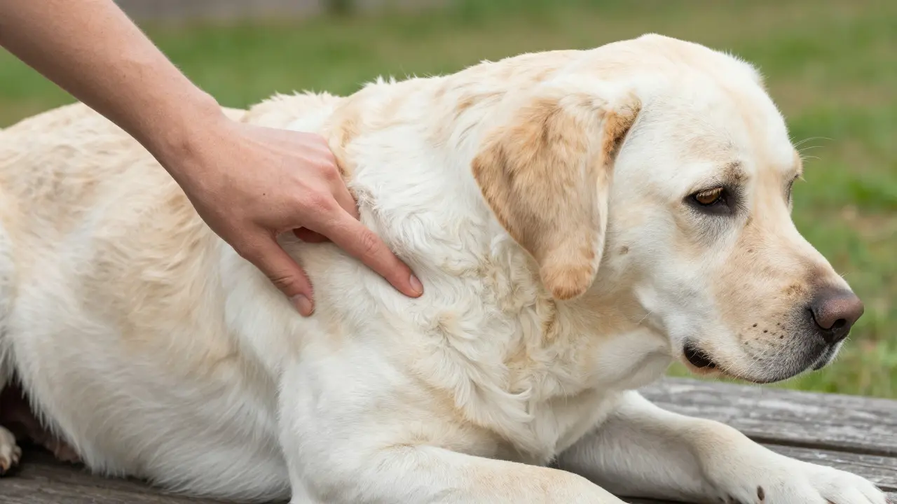 Hand checking a labrador's pulse on its chest