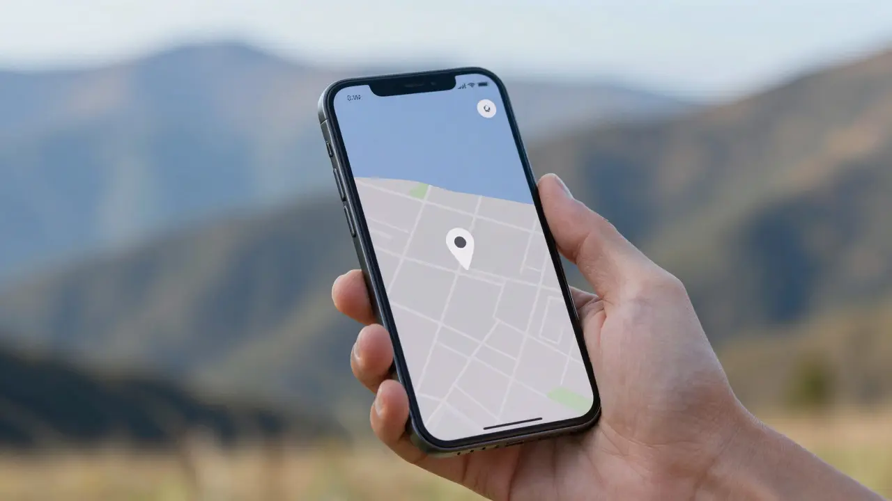 Hand holding a phone showing a map while hiking in mountains