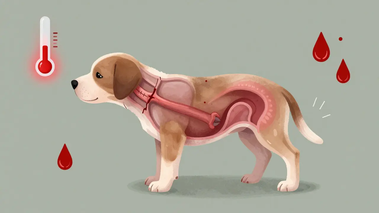 Illustration of a puppy stuck in uterine canal with symbols for fever and bleeding