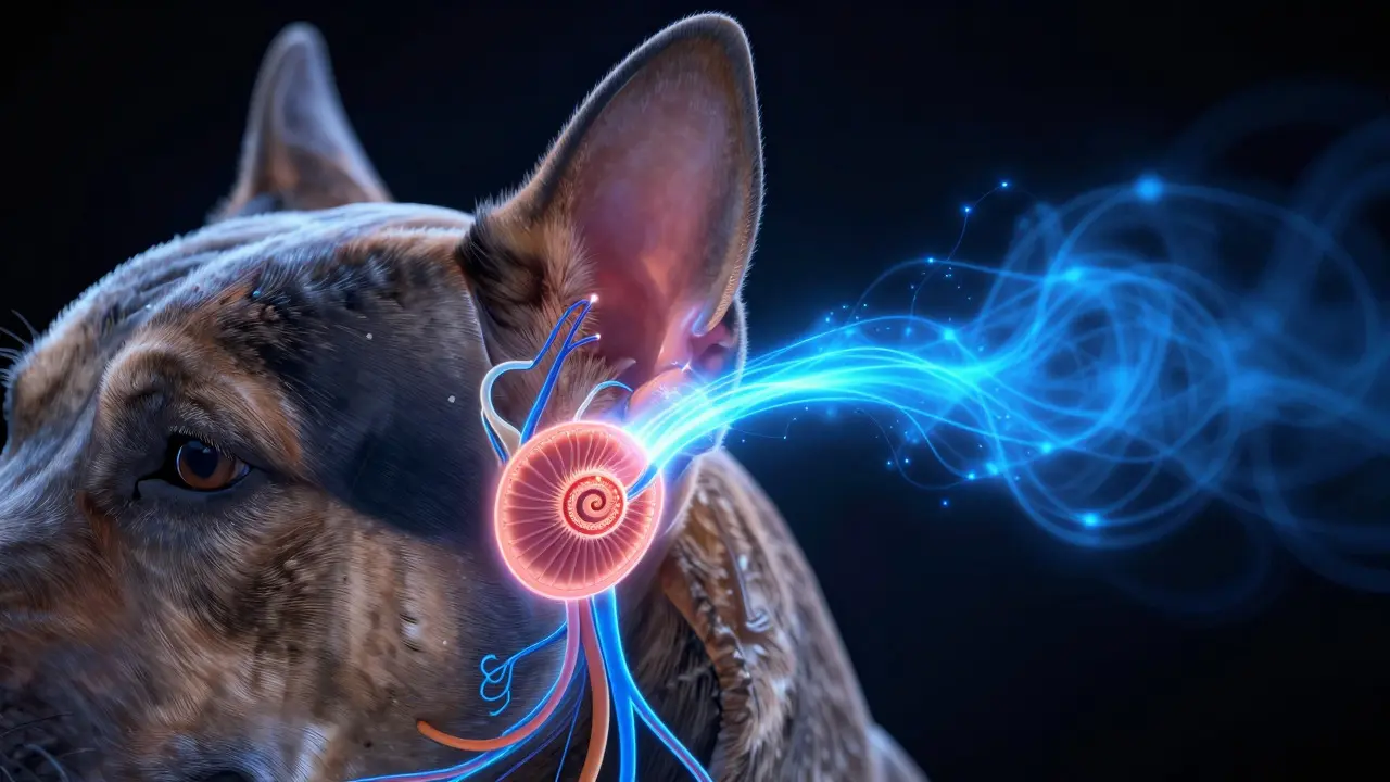 Illustration of canine inner ear structure and neural hearing pathways