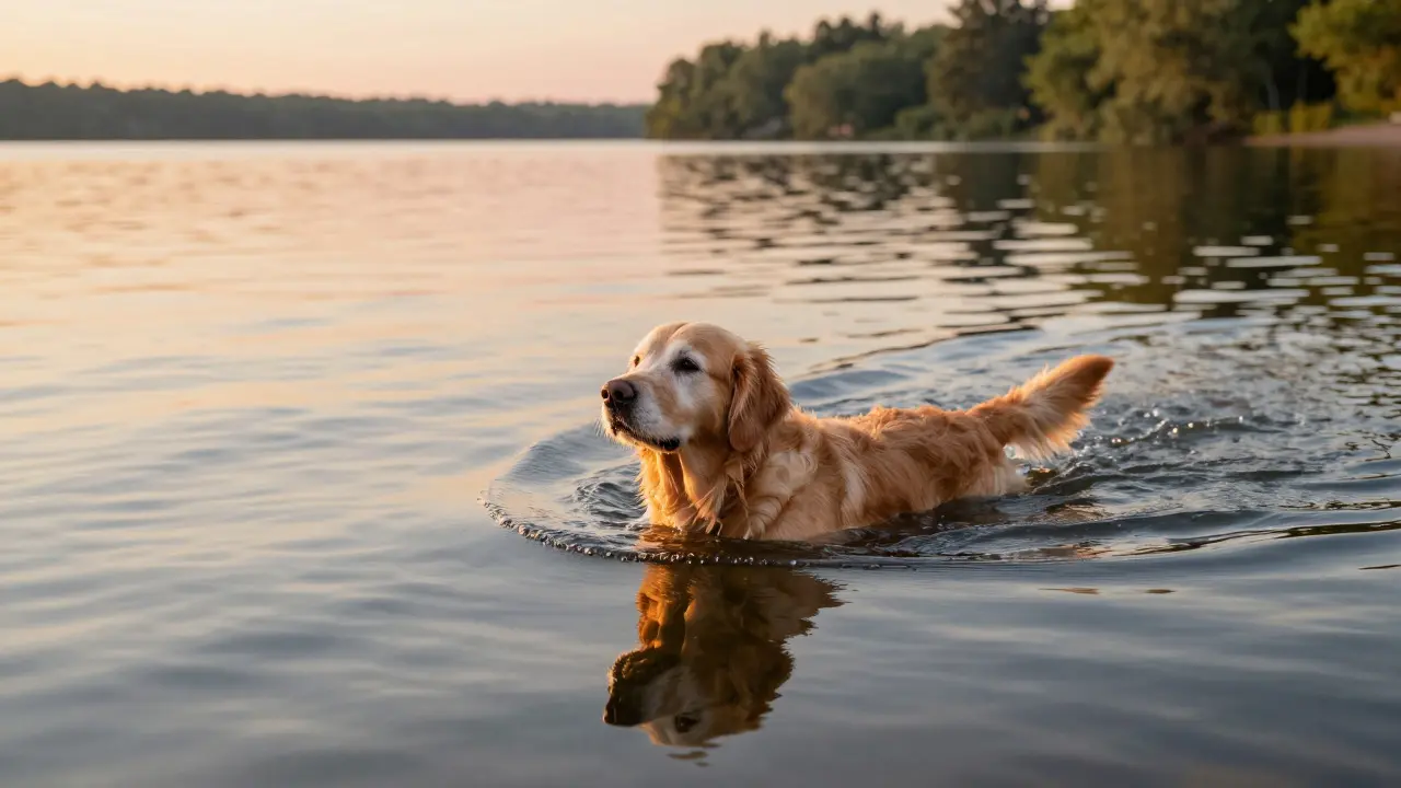 Older dog swimming peacefully in a lake