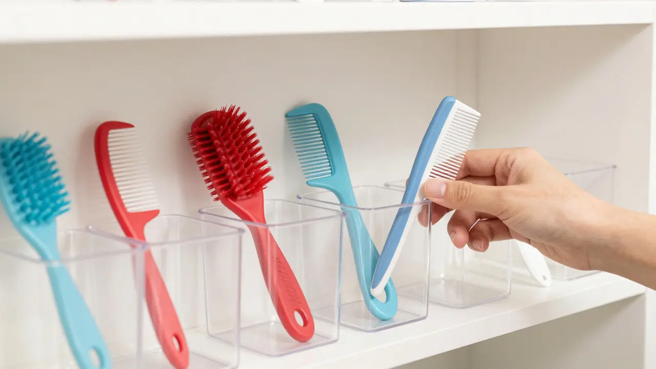Organized shelf with separate colored grooming brushes in clear containers