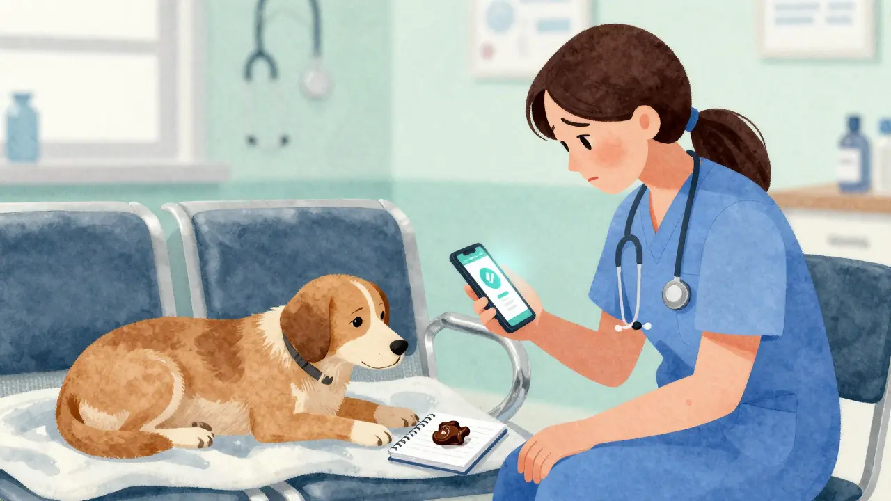 Owner comforting a dog while preparing emergency information in a vet clinic