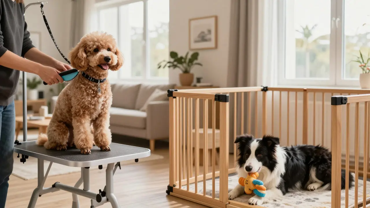 Poodle being groomed on a table while a Collie rests in a nearby crate