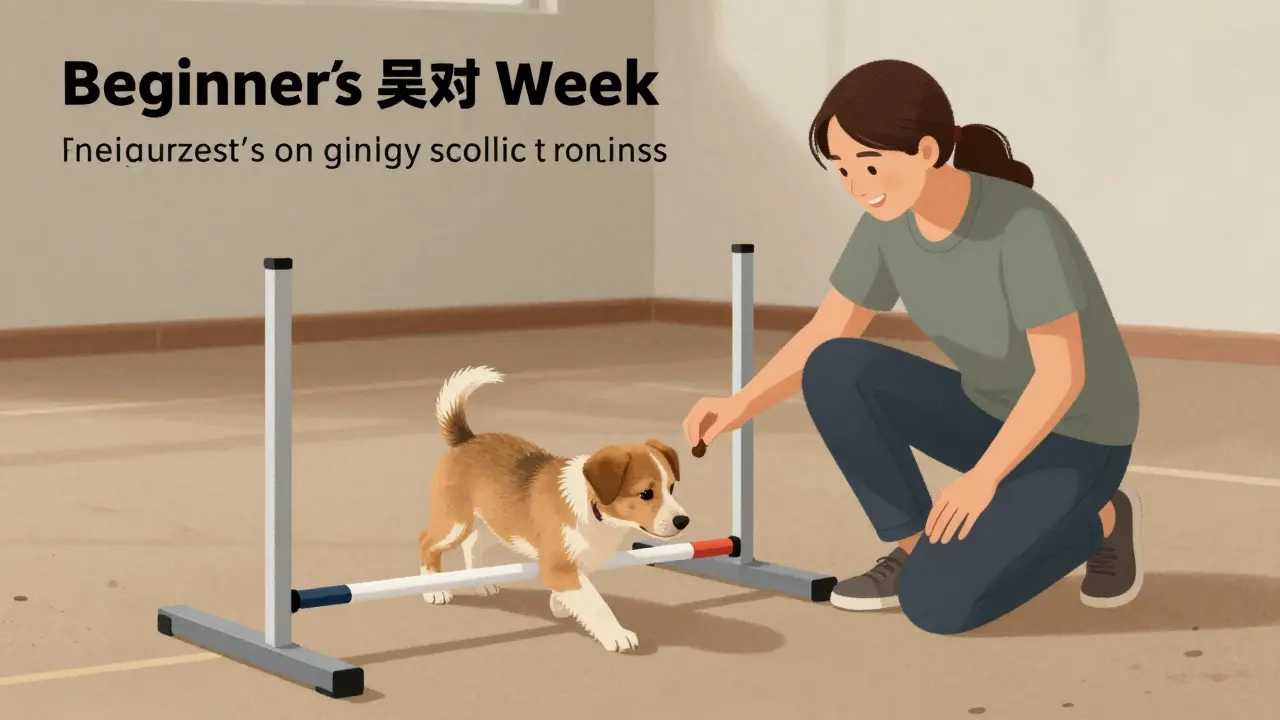 Puppy approaching a low agility bar with a treat held by its owner