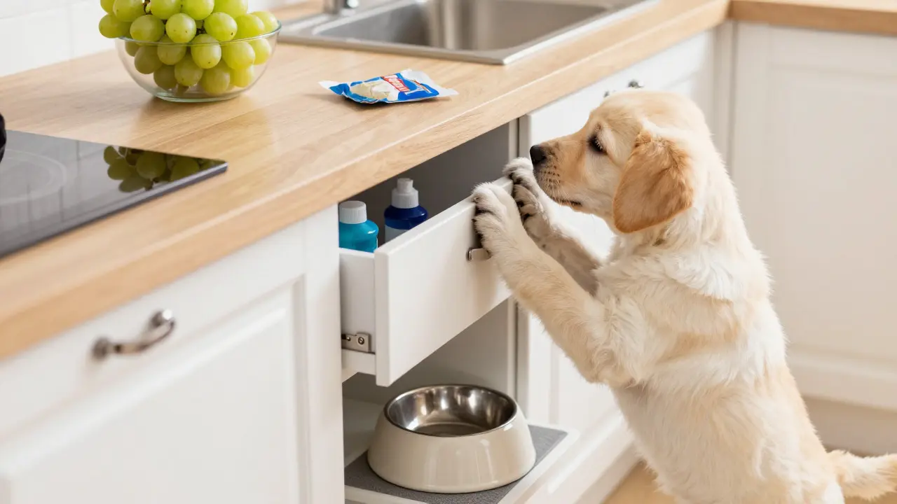 Puppy sniffing a kitchen counter near grapes and locked cabinets